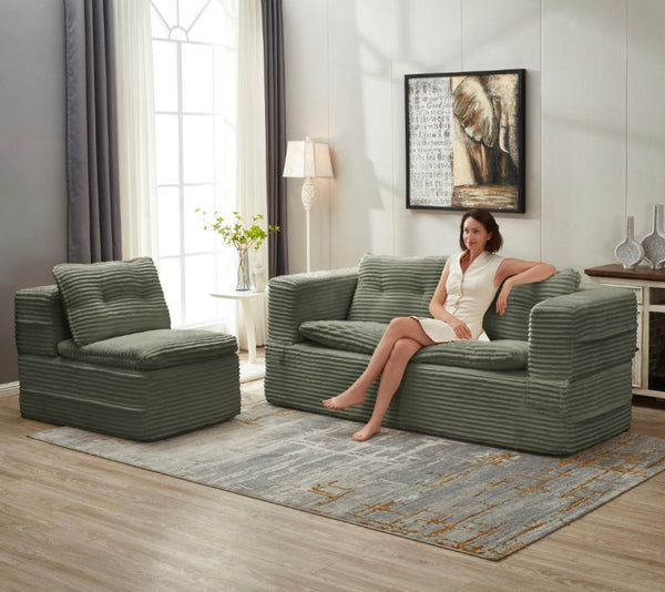 English Elm Multi Functional Corduroy Sectional Sofa with Convertible King Bed Chaise and Built-In Throw Green W3219S00036