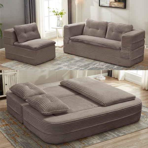 English Elm Multi Functional Corduroy Sectional Sofa with Convertible King Bed Chaise and Built-In Throw Coffee W3219S00037
