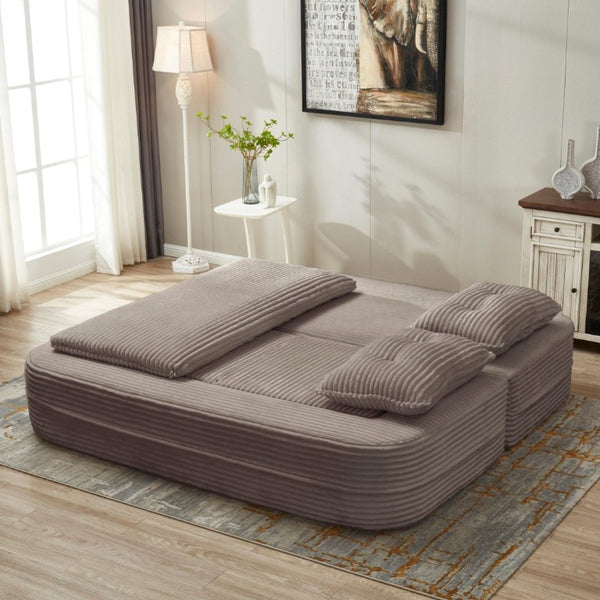 English Elm Multi Functional Corduroy Sectional Sofa with Convertible King Bed Chaise and Built-In Throw Coffee W3219S00037