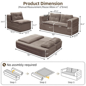 English Elm Multi Functional Corduroy Sectional Sofa with Convertible King Bed Chaise and Built-In Throw Coffee W3219S00037