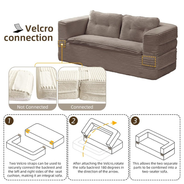 English Elm Multi Functional Corduroy Sectional Sofa with Convertible King Bed Chaise and Built-In Throw Coffee W3219S00037