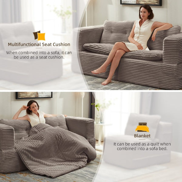 English Elm Multi Functional Corduroy Sectional Sofa with Convertible King Bed Chaise and Built-In Throw Coffee W3219S00037