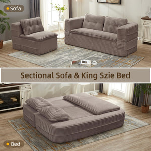 English Elm Multi Functional Corduroy Sectional Sofa with Convertible King Bed Chaise and Built-In Throw Coffee W3219S00037