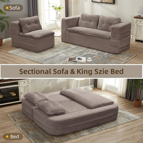 English Elm Multi Functional Corduroy Sectional Sofa with Convertible King Bed Chaise and Built-In Throw Coffee W3219S00037