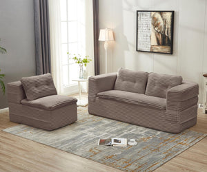 English Elm Multi Functional Corduroy Sectional Sofa with Convertible King Bed Chaise and Built-In Throw Coffee W3219S00037