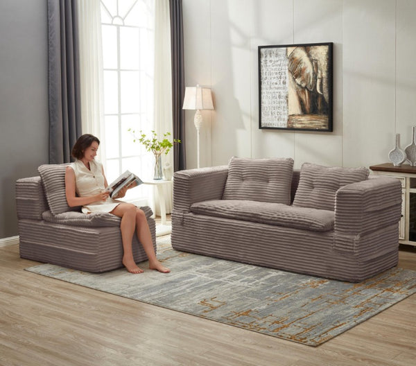 English Elm Multi Functional Corduroy Sectional Sofa with Convertible King Bed Chaise and Built-In Throw Coffee W3219S00037