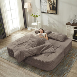 English Elm Multi Functional Corduroy Sectional Sofa with Convertible King Bed Chaise and Built-In Throw Coffee W3219S00037