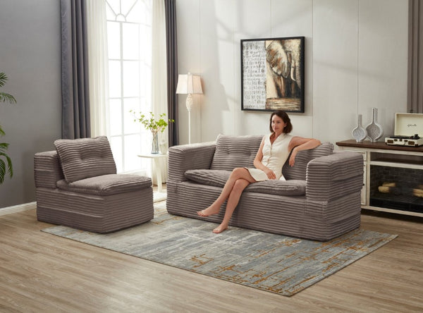 English Elm Multi Functional Corduroy Sectional Sofa with Convertible King Bed Chaise and Built-In Throw Coffee W3219S00037