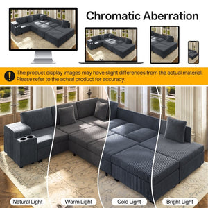 English Elm 110.2 Inch L-Shaped Corduroy Sectional with Sleeper Ottoman and Armrest Storage W3219S00038