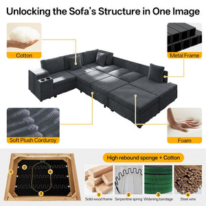 English Elm 110.2 Inch L-Shaped Corduroy Sectional with Sleeper Ottoman and Armrest Storage W3219S00038