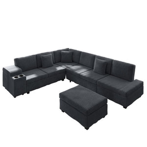 English Elm 110.2 Inch L-Shaped Corduroy Sectional with Sleeper Ottoman and Armrest Storage W3219S00038