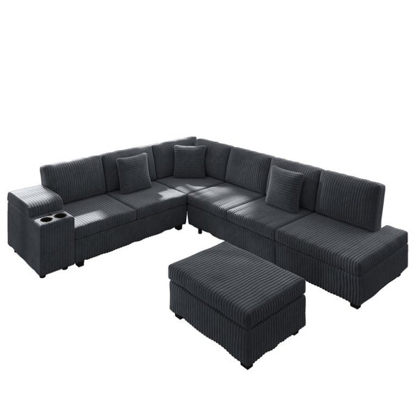 English Elm 110.2 Inch L-Shaped Corduroy Sectional with Sleeper Ottoman and Armrest Storage W3219S00038