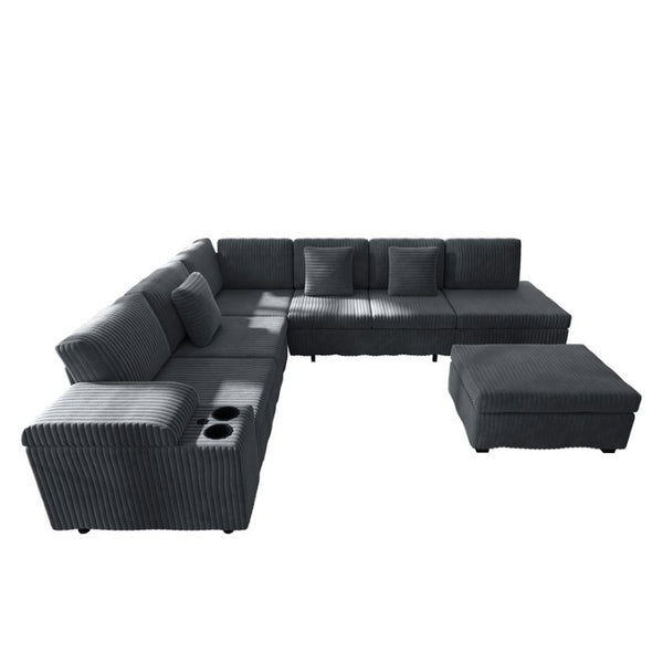 English Elm 110.2 Inch L-Shaped Corduroy Sectional with Sleeper Ottoman and Armrest Storage W3219S00038