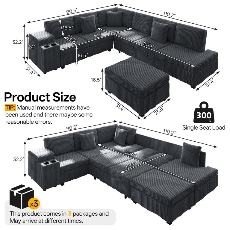 English Elm 110.2 Inch L-Shaped Corduroy Sectional with Sleeper Ottoman and Armrest Storage W3219S00038