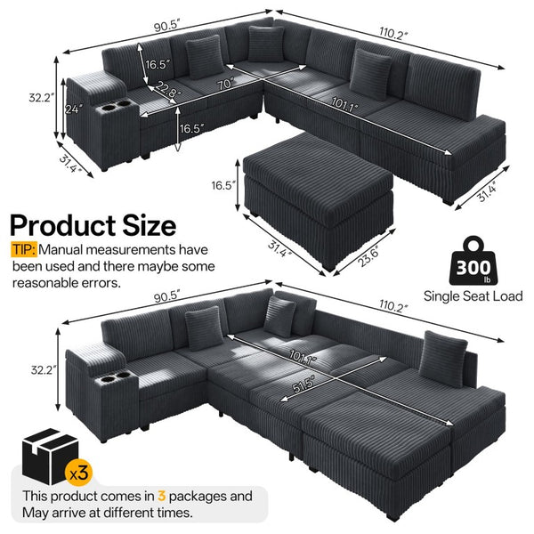 English Elm 110.2 Inch L-Shaped Corduroy Sectional with Sleeper Ottoman and Armrest Storage W3219S00038