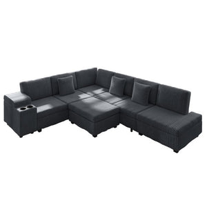 English Elm 110.2 Inch L-Shaped Corduroy Sectional with Sleeper Ottoman and Armrest Storage W3219S00038