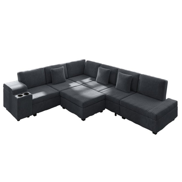 English Elm 110.2 Inch L-Shaped Corduroy Sectional with Sleeper Ottoman and Armrest Storage W3219S00038
