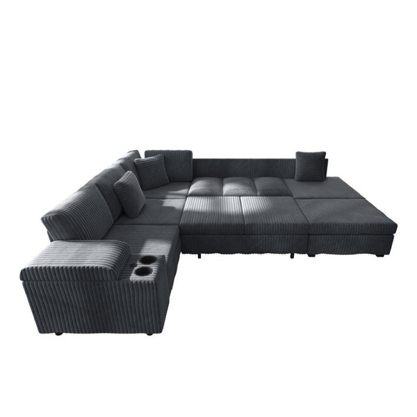 English Elm 110.2 Inch L-Shaped Corduroy Sectional with Sleeper Ottoman and Armrest Storage W3219S00038