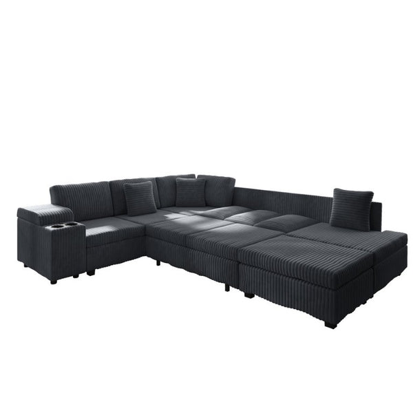 English Elm 110.2 Inch L-Shaped Corduroy Sectional with Sleeper Ottoman and Armrest Storage W3219S00038