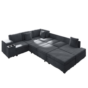 English Elm 110.2 Inch L-Shaped Corduroy Sectional with Sleeper Ottoman and Armrest Storage W3219S00038