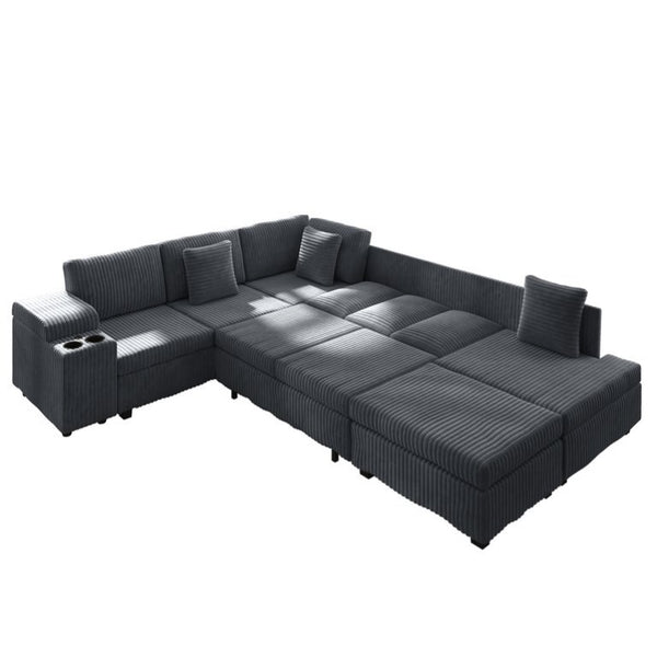 English Elm 110.2 Inch L-Shaped Corduroy Sectional with Sleeper Ottoman and Armrest Storage W3219S00038