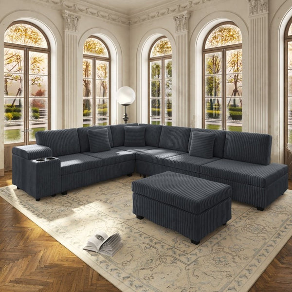 English Elm 110.2 Inch L-Shaped Corduroy Sectional with Sleeper Ottoman and Armrest Storage W3219S00038