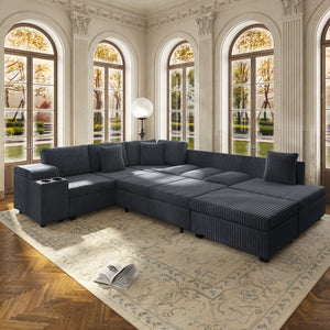English Elm 110.2 Inch L-Shaped Corduroy Sectional with Sleeper Ottoman and Armrest Storage W3219S00038