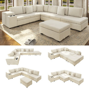 English Elm 110.2 L-Shaped Sectional with Ottoman Sleeper Corduroy Upholstery USB Charging Storage Beige W3219S00039