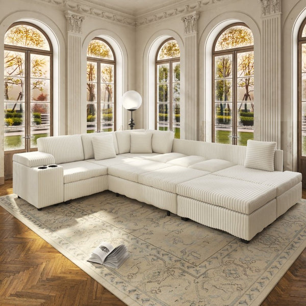 English Elm 110.2 L-Shaped Sectional with Ottoman Sleeper Corduroy Upholstery USB Charging Storage Beige W3219S00039