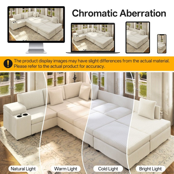 English Elm 110.2 L-Shaped Sectional with Ottoman Sleeper Corduroy Upholstery USB Charging Storage Beige W3219S00039