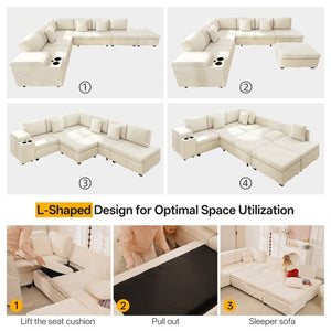 English Elm 110.2 L-Shaped Sectional with Ottoman Sleeper Corduroy Upholstery USB Charging Storage Beige W3219S00039