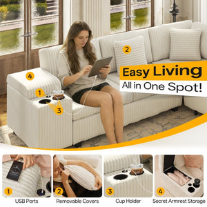 English Elm 110.2 L-Shaped Sectional with Ottoman Sleeper Corduroy Upholstery USB Charging Storage Beige W3219S00039