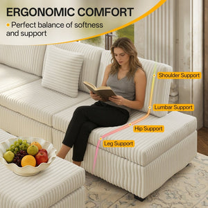 English Elm 110.2 L-Shaped Sectional with Ottoman Sleeper Corduroy Upholstery USB Charging Storage Beige W3219S00039