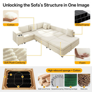 English Elm 110.2 L-Shaped Sectional with Ottoman Sleeper Corduroy Upholstery USB Charging Storage Beige W3219S00039