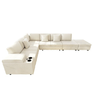 English Elm 110.2 L-Shaped Sectional with Ottoman Sleeper Corduroy Upholstery USB Charging Storage Beige W3219S00039