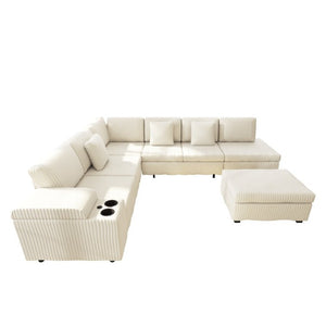 English Elm 110.2 L-Shaped Sectional with Ottoman Sleeper Corduroy Upholstery USB Charging Storage Beige W3219S00039