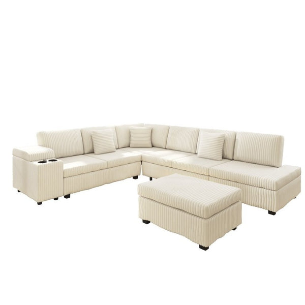 English Elm 110.2 L-Shaped Sectional with Ottoman Sleeper Corduroy Upholstery USB Charging Storage Beige W3219S00039