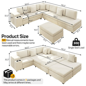 English Elm 110.2 L-Shaped Sectional with Ottoman Sleeper Corduroy Upholstery USB Charging Storage Beige W3219S00039