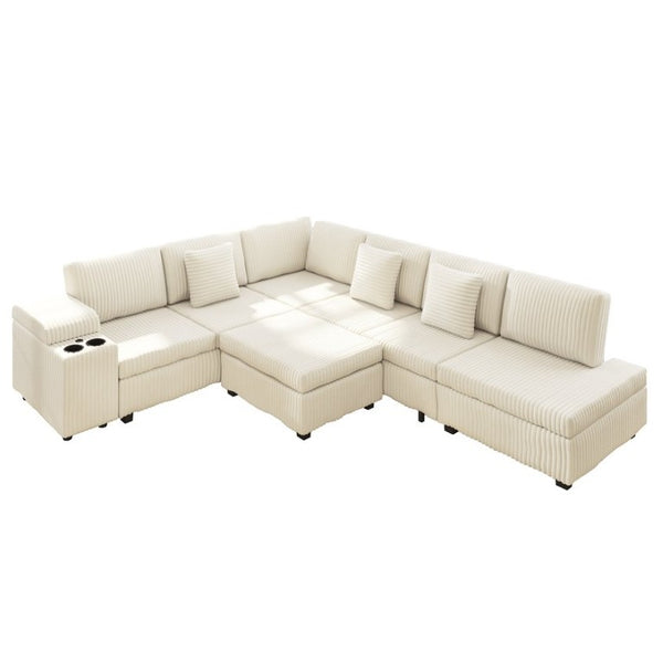 English Elm 110.2 L-Shaped Sectional with Ottoman Sleeper Corduroy Upholstery USB Charging Storage Beige W3219S00039
