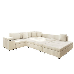 English Elm 110.2 L-Shaped Sectional with Ottoman Sleeper Corduroy Upholstery USB Charging Storage Beige W3219S00039