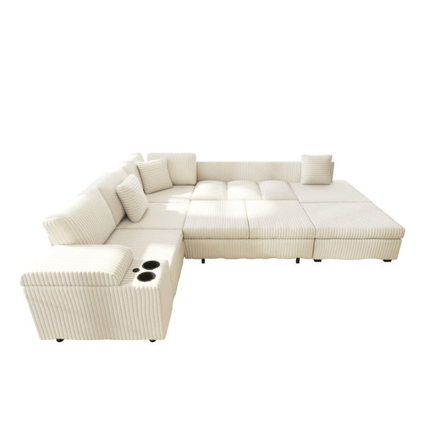 English Elm 110.2 L-Shaped Sectional with Ottoman Sleeper Corduroy Upholstery USB Charging Storage Beige W3219S00039