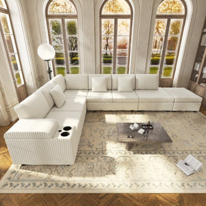 English Elm 110.2 L-Shaped Sectional with Ottoman Sleeper Corduroy Upholstery USB Charging Storage Beige W3219S00039