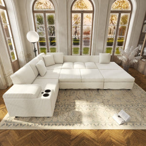 English Elm 110.2 L-Shaped Sectional with Ottoman Sleeper Corduroy Upholstery USB Charging Storage Beige W3219S00039