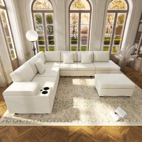 English Elm 110.2 L-Shaped Sectional with Ottoman Sleeper Corduroy Upholstery USB Charging Storage Beige W3219S00039