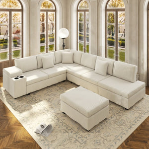 English Elm 110.2 L-Shaped Sectional with Ottoman Sleeper Corduroy Upholstery USB Charging Storage Beige W3219S00039