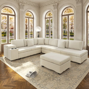 English Elm 110.2 L-Shaped Sectional with Ottoman Sleeper Corduroy Upholstery USB Charging Storage Beige W3219S00039