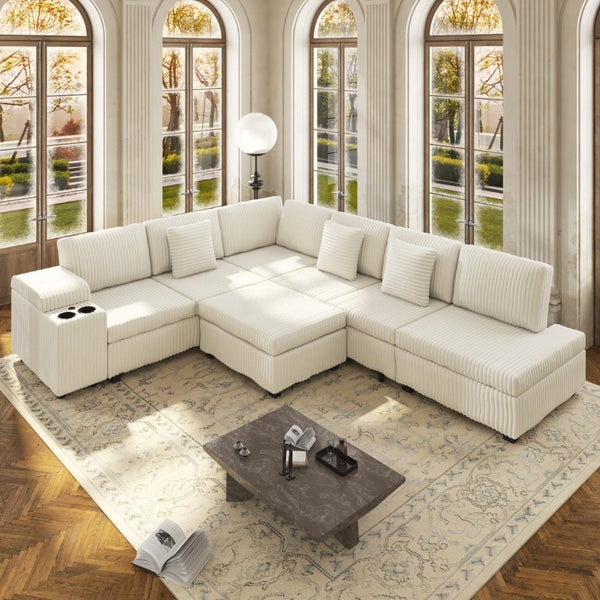 English Elm 110.2 L-Shaped Sectional with Ottoman Sleeper Corduroy Upholstery USB Charging Storage Beige W3219S00039
