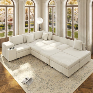 English Elm 110.2 L-Shaped Sectional with Ottoman Sleeper Corduroy Upholstery USB Charging Storage Beige W3219S00039