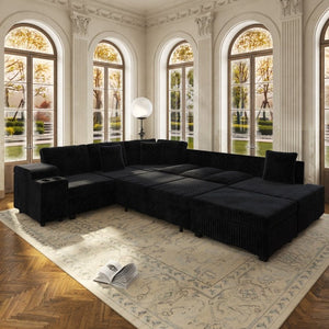 English Elm 110.2 L-Shaped Sectional with Ottoman Sleeper Corduroy Upholstery USB Charging Storage Black W3219S00040