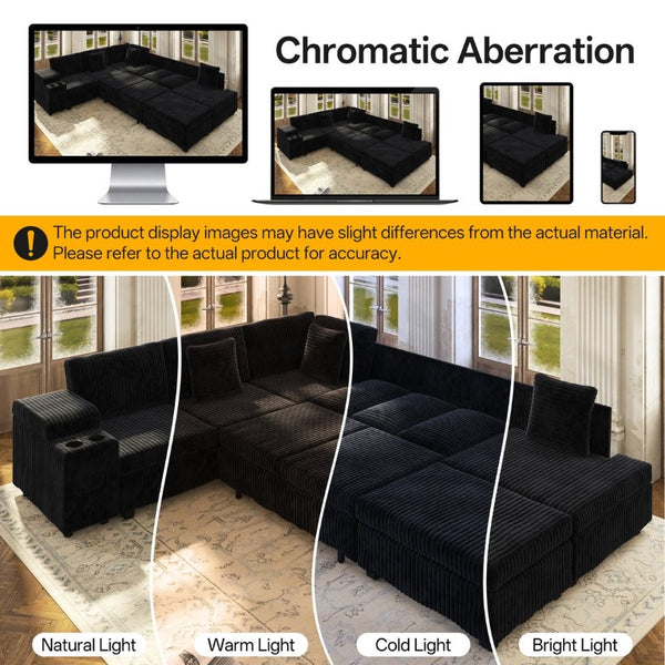 English Elm 110.2 L-Shaped Sectional with Ottoman Sleeper Corduroy Upholstery USB Charging Storage Black W3219S00040